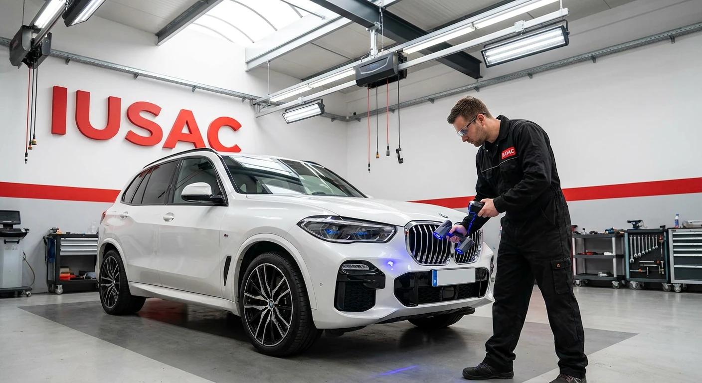 Technik IUSAC sprawdzający ukryte uszkodzenia BMW X5 G05 laserem w profesjonalnym warsztacie