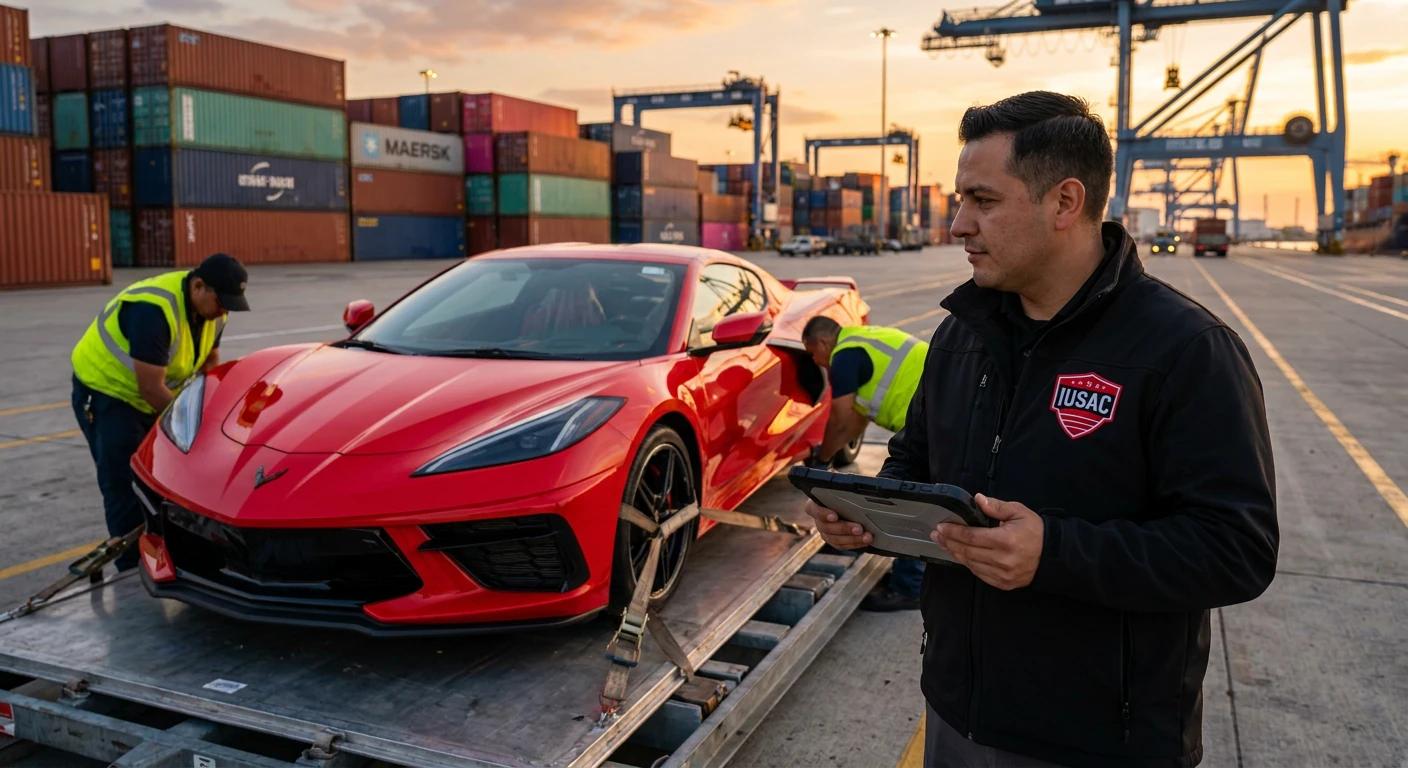 Koordynator IUSAC nadzorujący bezpieczny załadunek Chevrolet Corvette C8 do kontenera w porcie