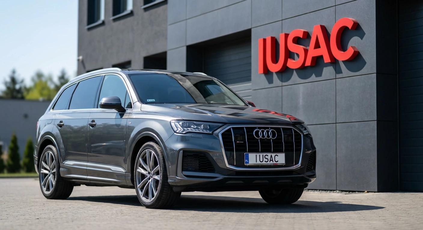 W pełni naprawione Audi Q7 4M z polską tablicą rejestracyjną przed nowoczesną siedzibą IUSAC