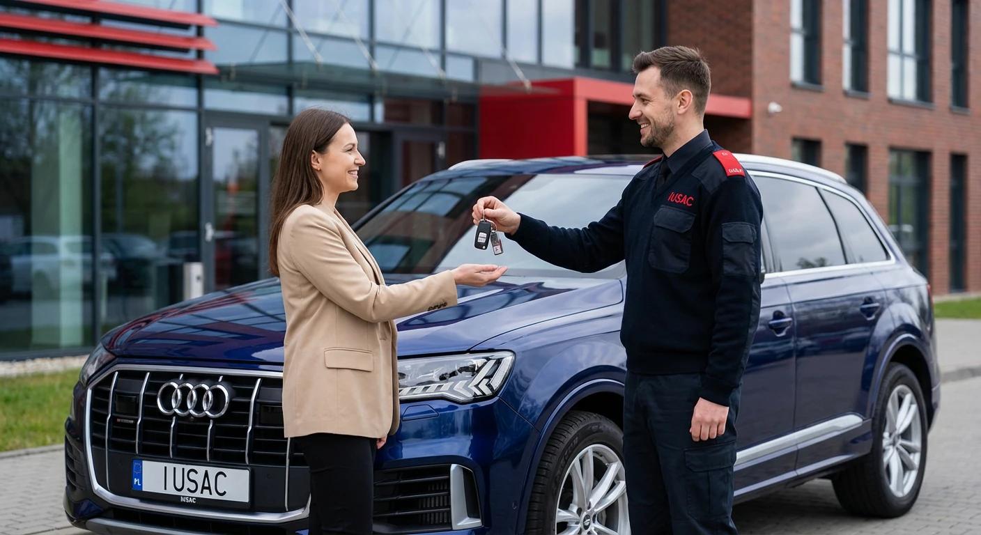 Szczęśliwy klient odbierający kluczyki do naprawionego Audi Q7 4M od przedstawiciela IUSAC