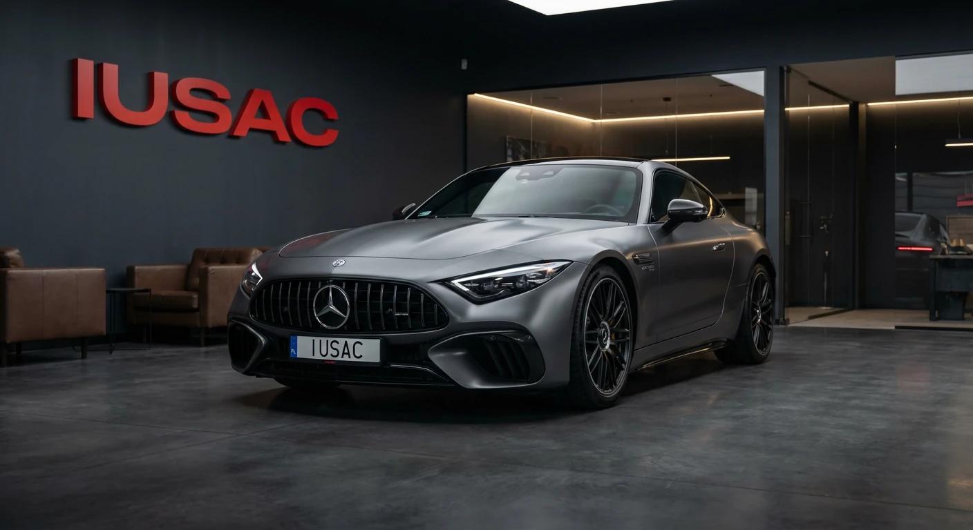 Luksusowy Mercedes AMG GT 63 z USA zaparkowany w nowoczesnym salonie IUSAC z widocznym logo na ścianie