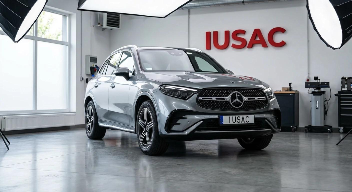 Luksusowy Mercedes GLC 2024 sprowadzony z USA w nowoczesnym salonie i warsztacie IUSAC w Polsce