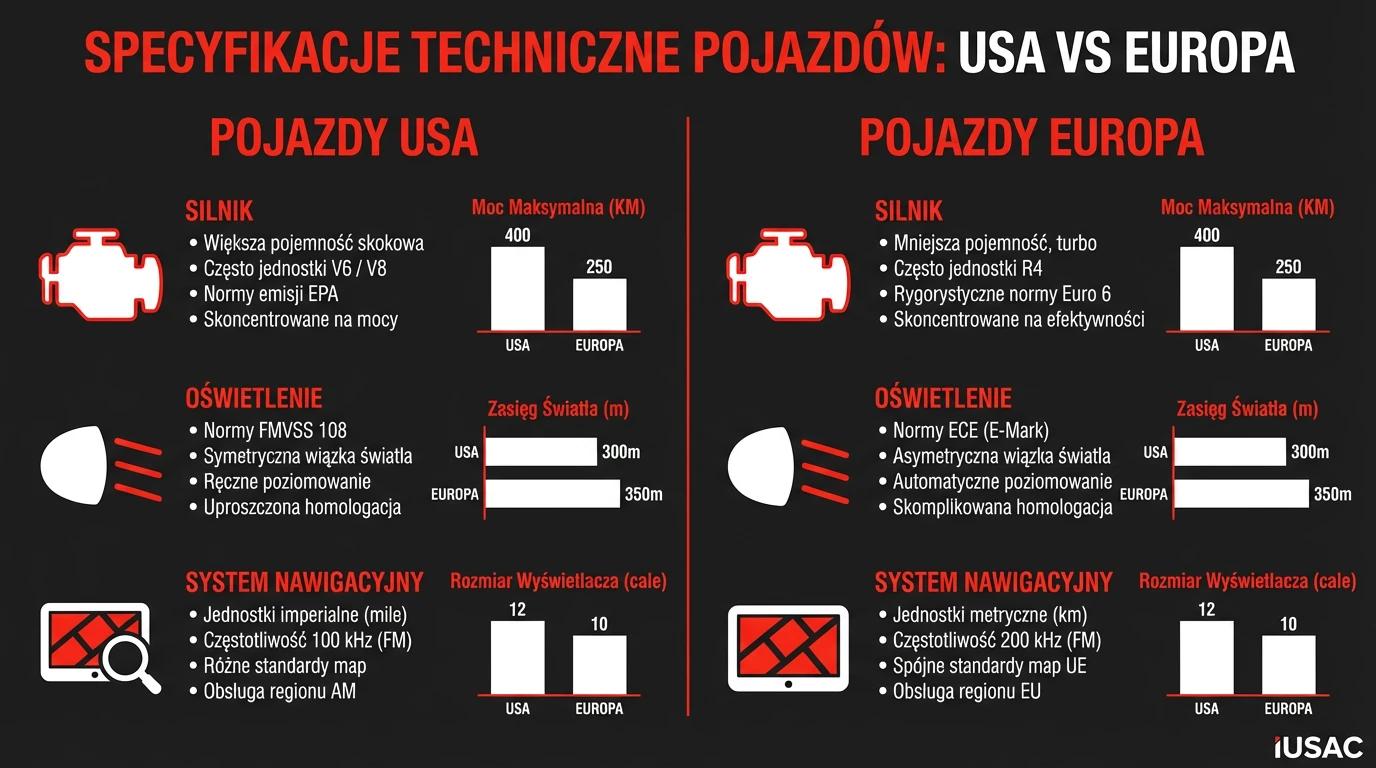 Infografika IUSAC porównująca różnice techniczne między mercedes gla usa a wersją europejską