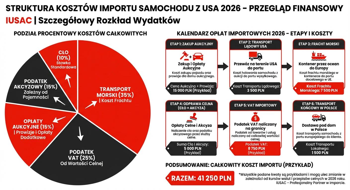 Wykres kosztów importu aut z ameryki w 2026 roku obejmujący cło, akcyzę, VAT i transport