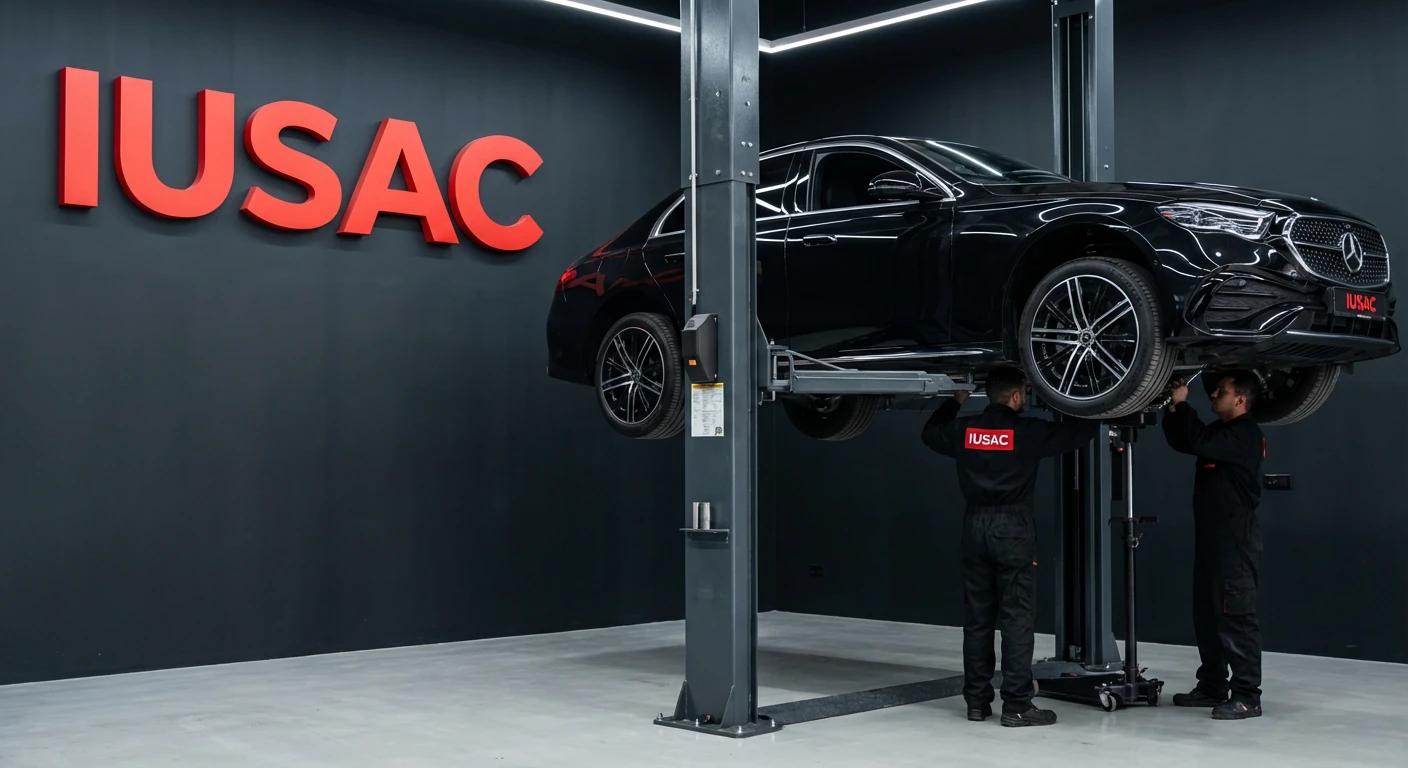 Mechanicy IUSAC naprawiający podwozie luksusowego Mercedesa na podnośniku w profesjonalnym warsztacie