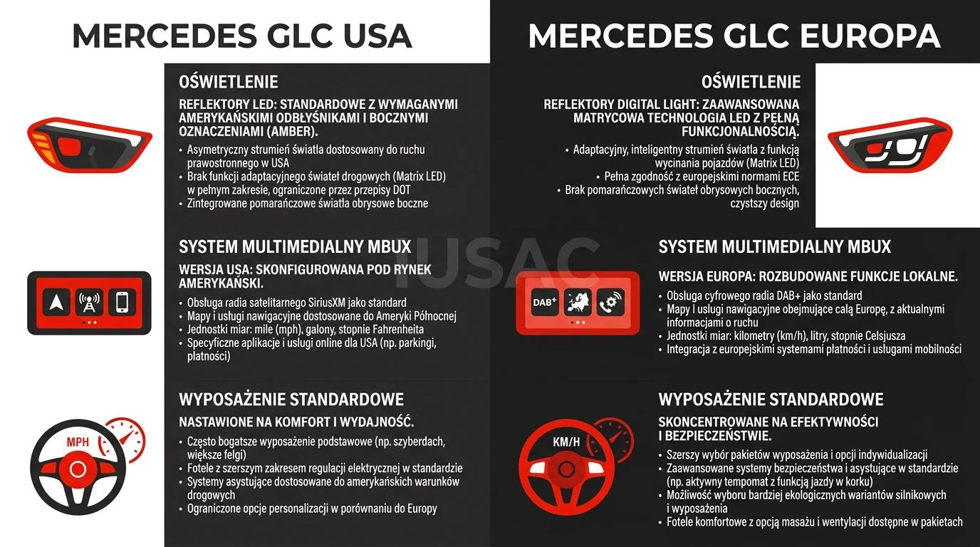 Infografika porównująca różnice między Mercedesem GLC z USA i Europy