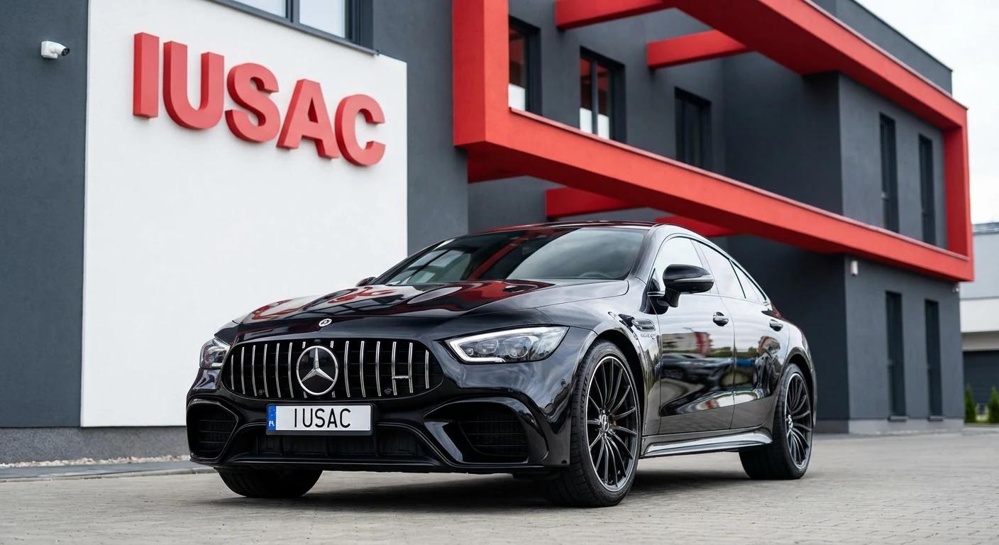 Luksusowy Mercedes AMG z USA zaparkowany przed nowoczesną siedzibą firmy IUSAC
