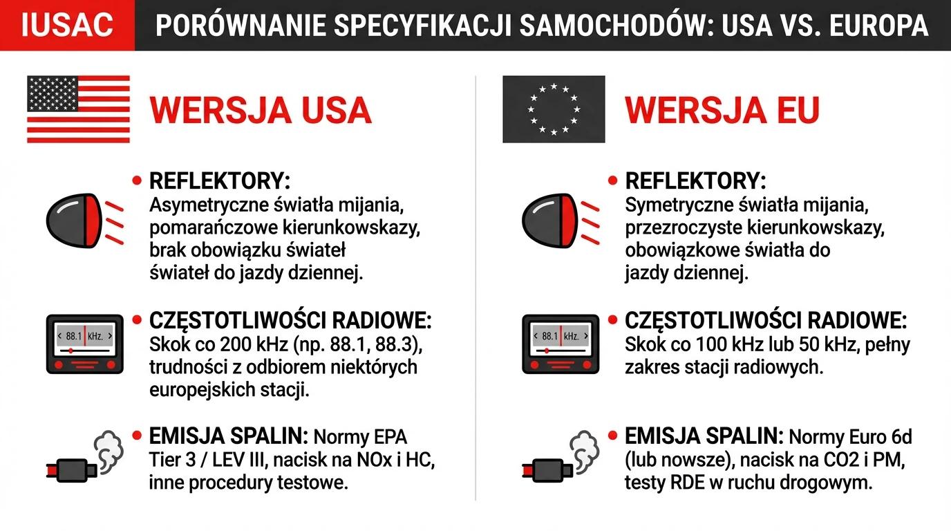 Infografika IUSAC przedstawiająca różnice między Mercedesem z USA a wersją europejską