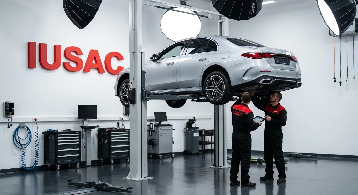 Technicy IUSAC diagnozujący luksusowego Mercedesa na podnośniku w profesjonalnym warsztacie
