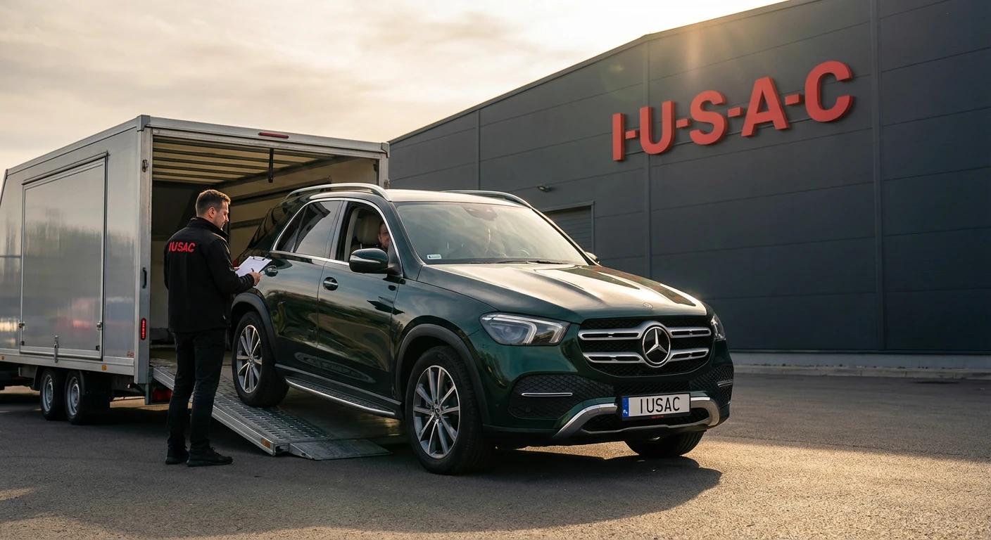 Rozładunek sprowadzonego z USA Mercedesa przed nowoczesną siedzibą firmy IUSAC