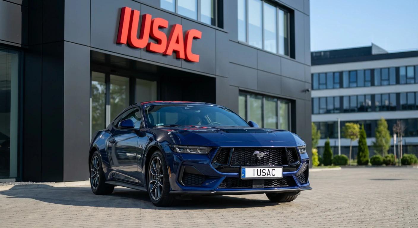Ford Mustang S650 sprowadzony z USA jako mienie przesiedleńcze zaparkowany przed siedzibą IUSAC