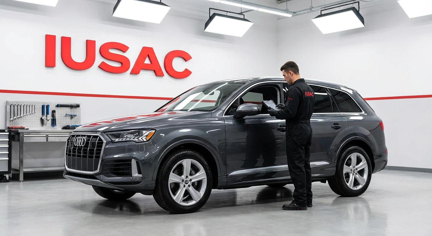 Technik IUSAC weryfikujący stan techniczny Audi Q7 z USA sprowadzonego bez cła i VAT