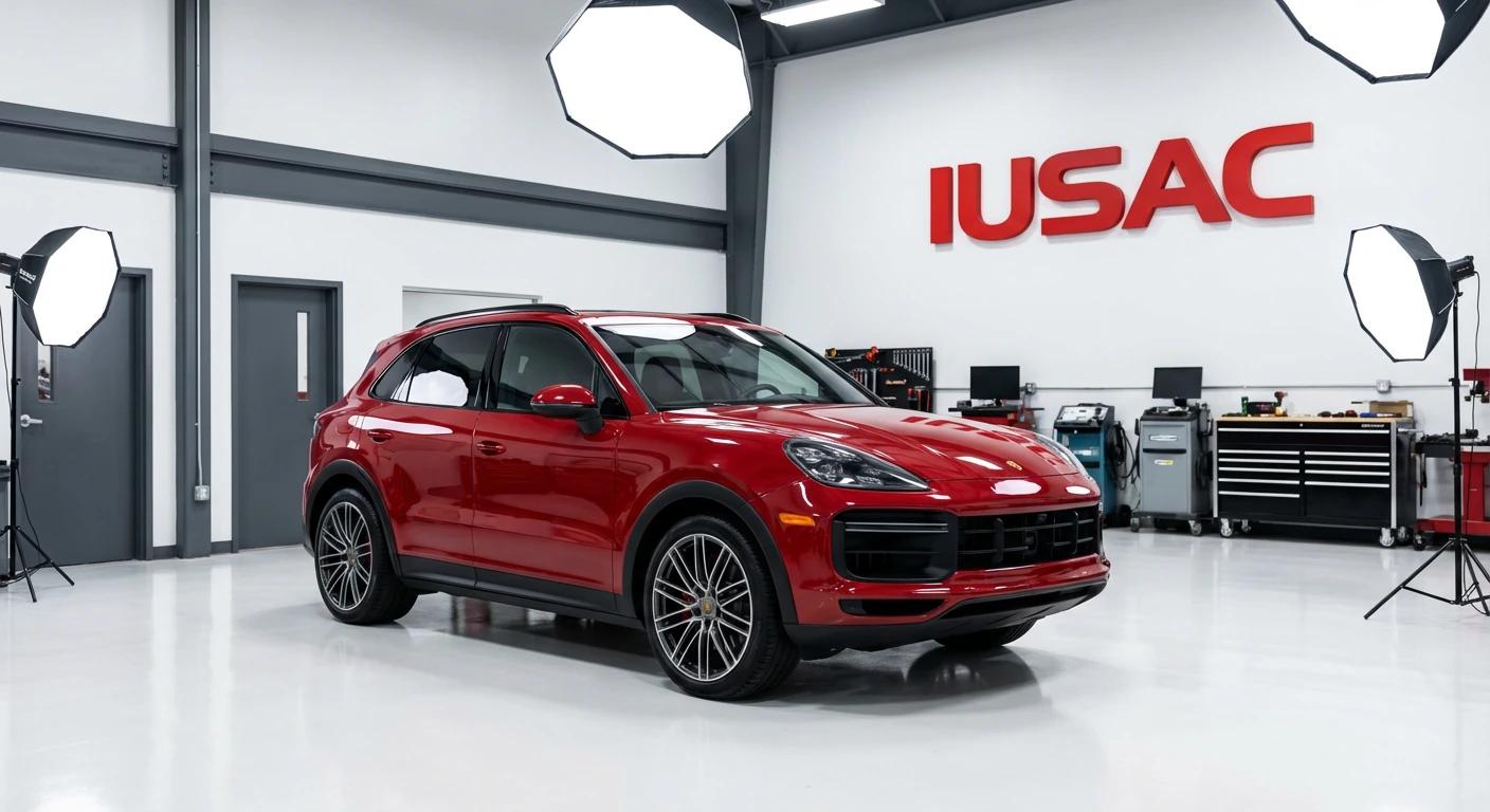 Czerwone Porsche Cayenne 2025 z USA zaparkowane w nowoczesnym warsztacie IUSAC