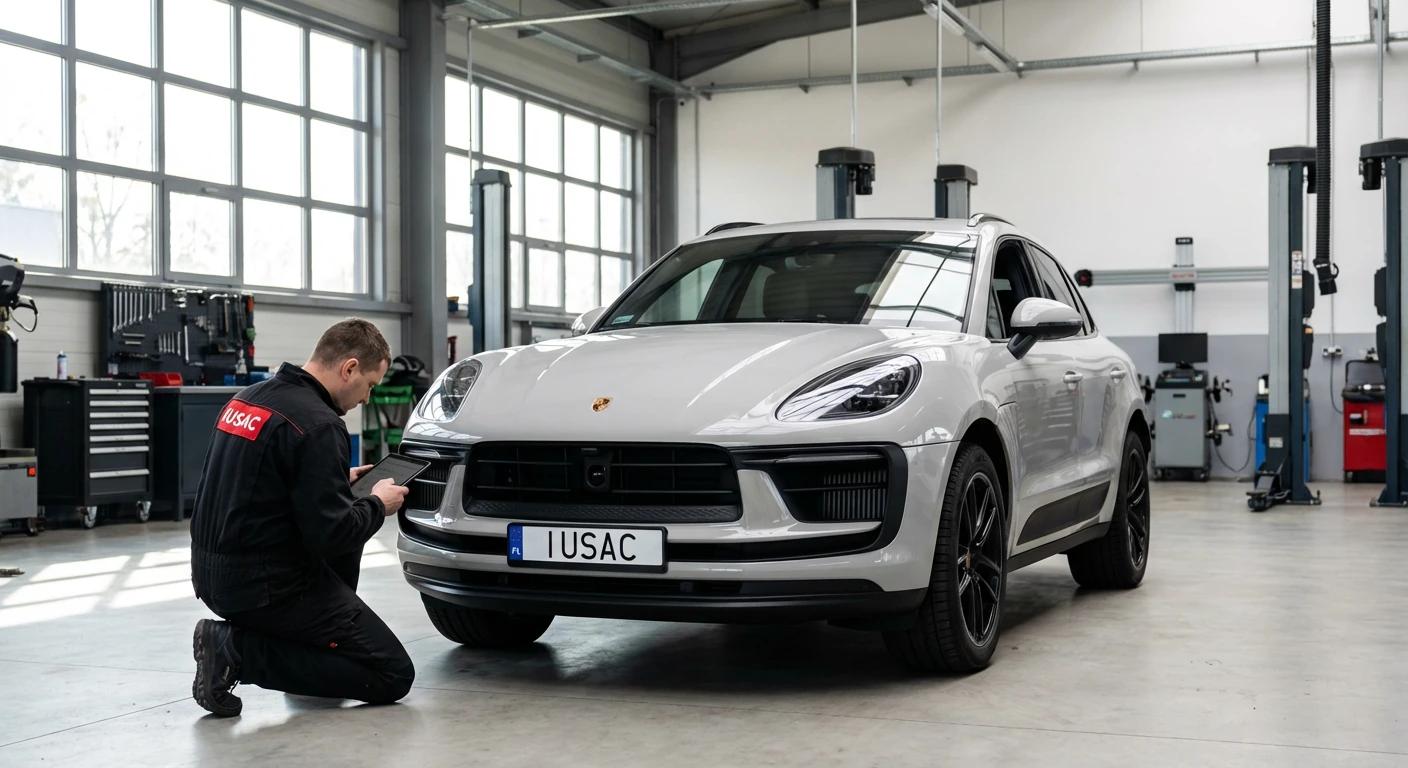 Technik IUSAC sprawdzający uszkodzenia Porsche Macan z USA w profesjonalnym warsztacie