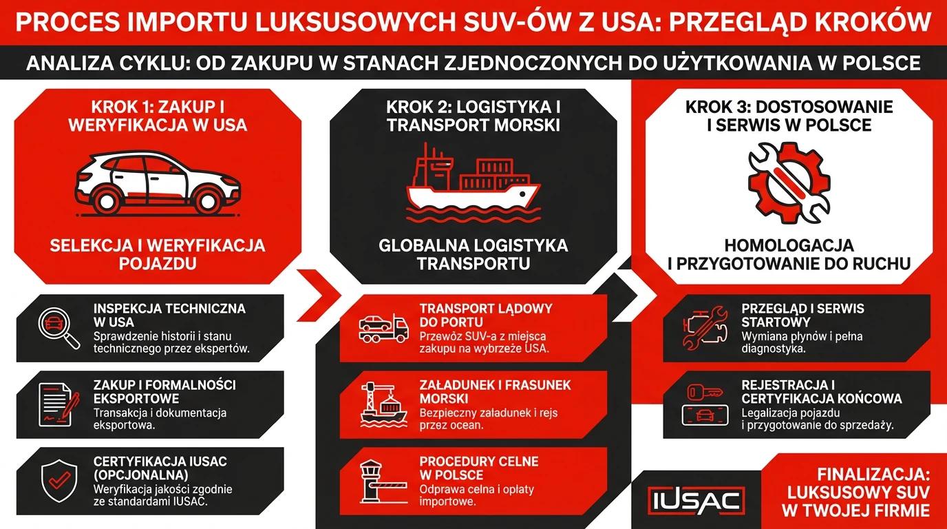 Infografika IUSAC przedstawiająca proces importu i naprawy Porsche z USA