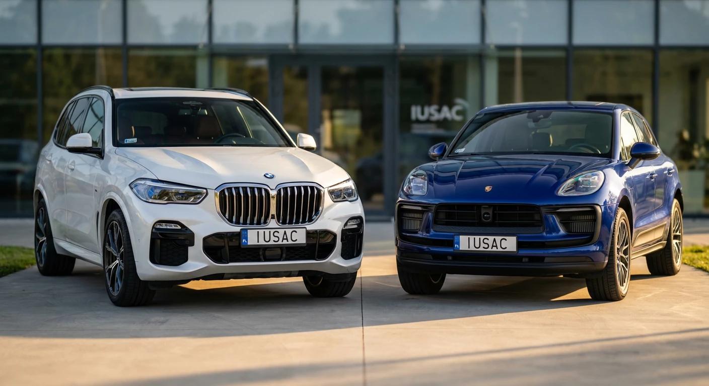 Gotowe do odbioru Porsche Macan z USA i BMW X5 przed biurem firmy IUSAC