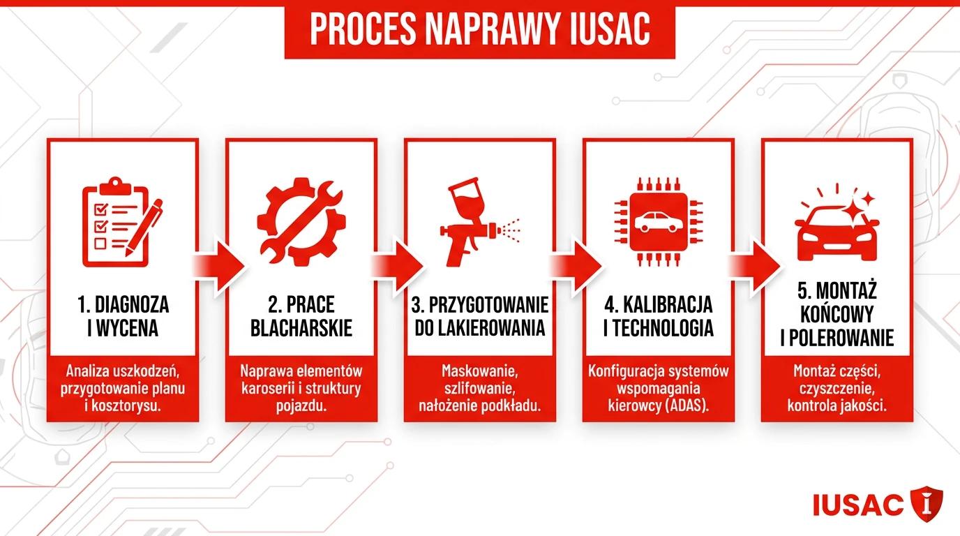 Infografika przedstawiająca proces naprawy aut z USA w IUSAC