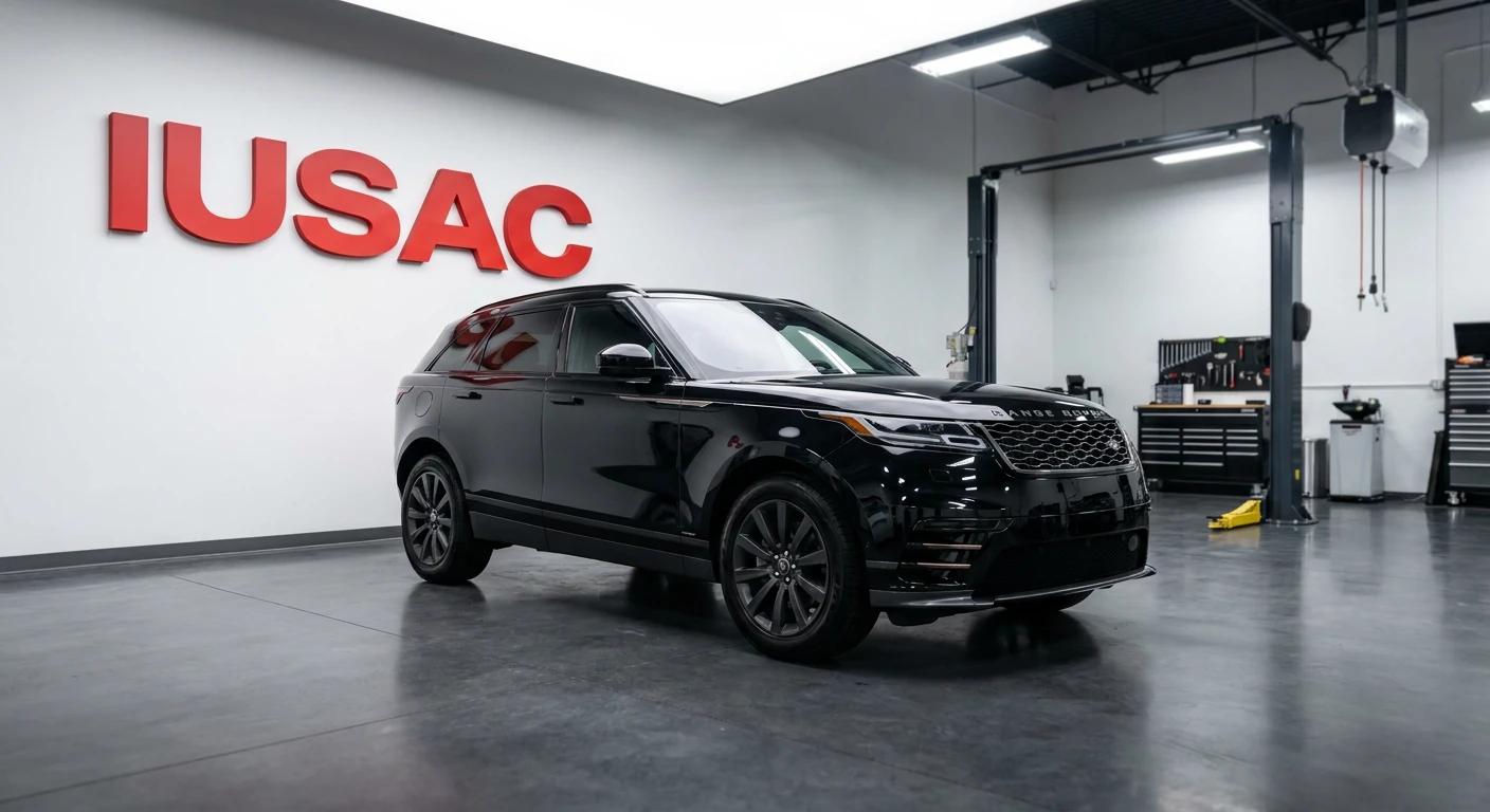 Czarny Range Rover Velar 2024 w nowoczesnym serwisie IUSAC przygotowany do importu z USA