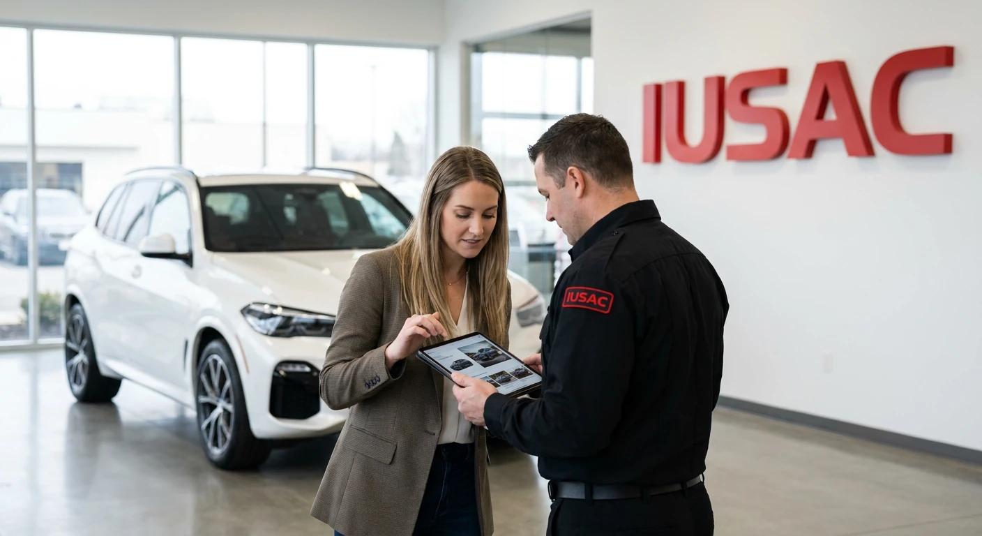 Klient i doradca przeglądający katalog aut z USA IUSAC na tablecie na tle białego BMW X5.