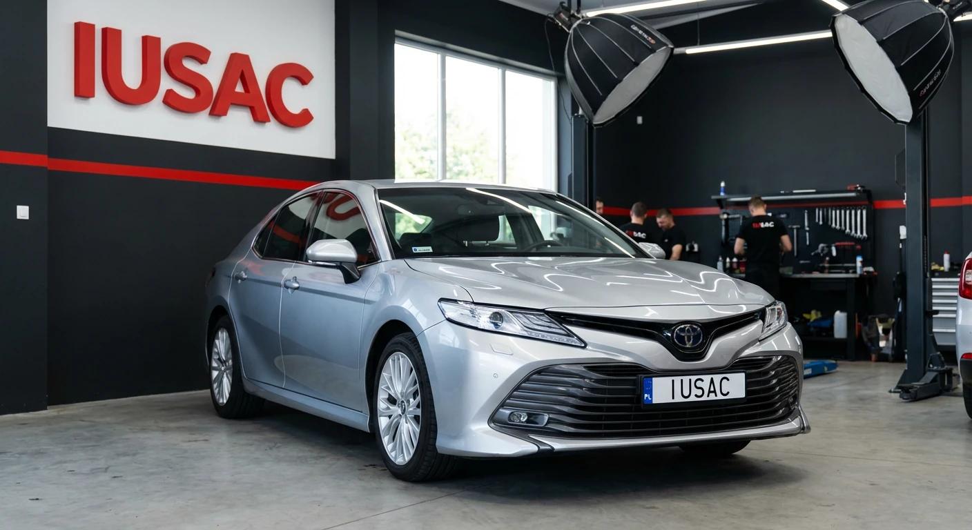 Srebrna Toyota Camry XV70 w nowoczesnym warsztacie IUSAC jako przykład taniego auta z USA