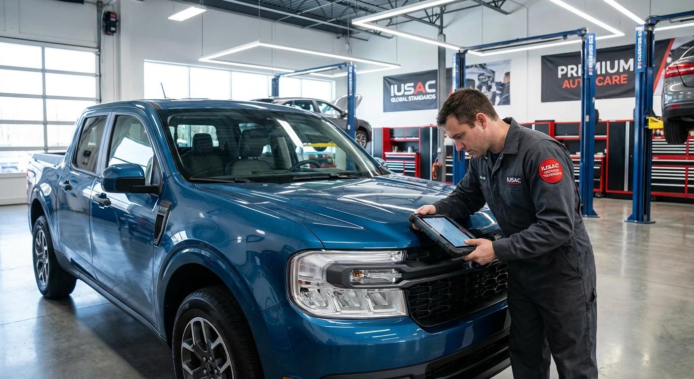 Technik IUSAC sprawdzający Forda Maverick podczas procesu importu samochodów z Ameryki