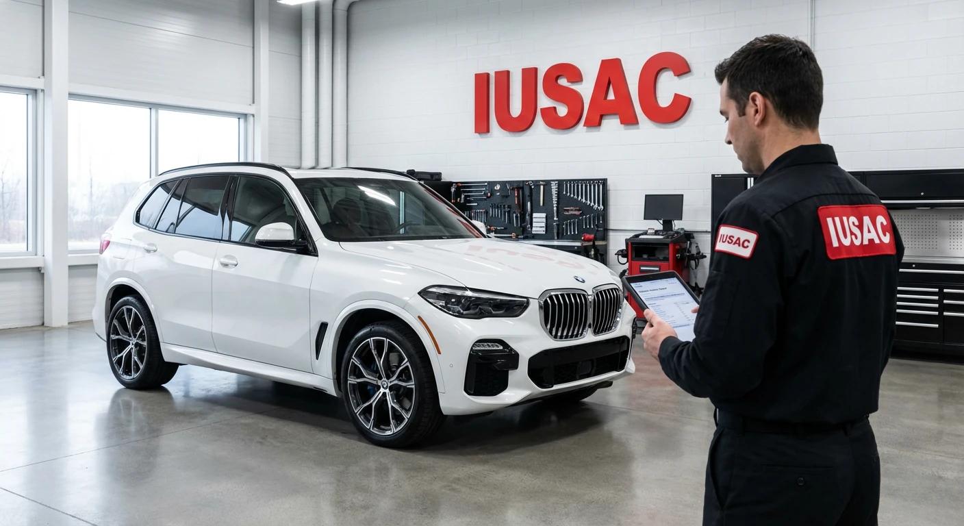 Ekspert IUSAC sprawdzający raport Carfax na tablecie przy białym BMW X5 G05 z 2024 roku w nowoczesnym warsztacie.