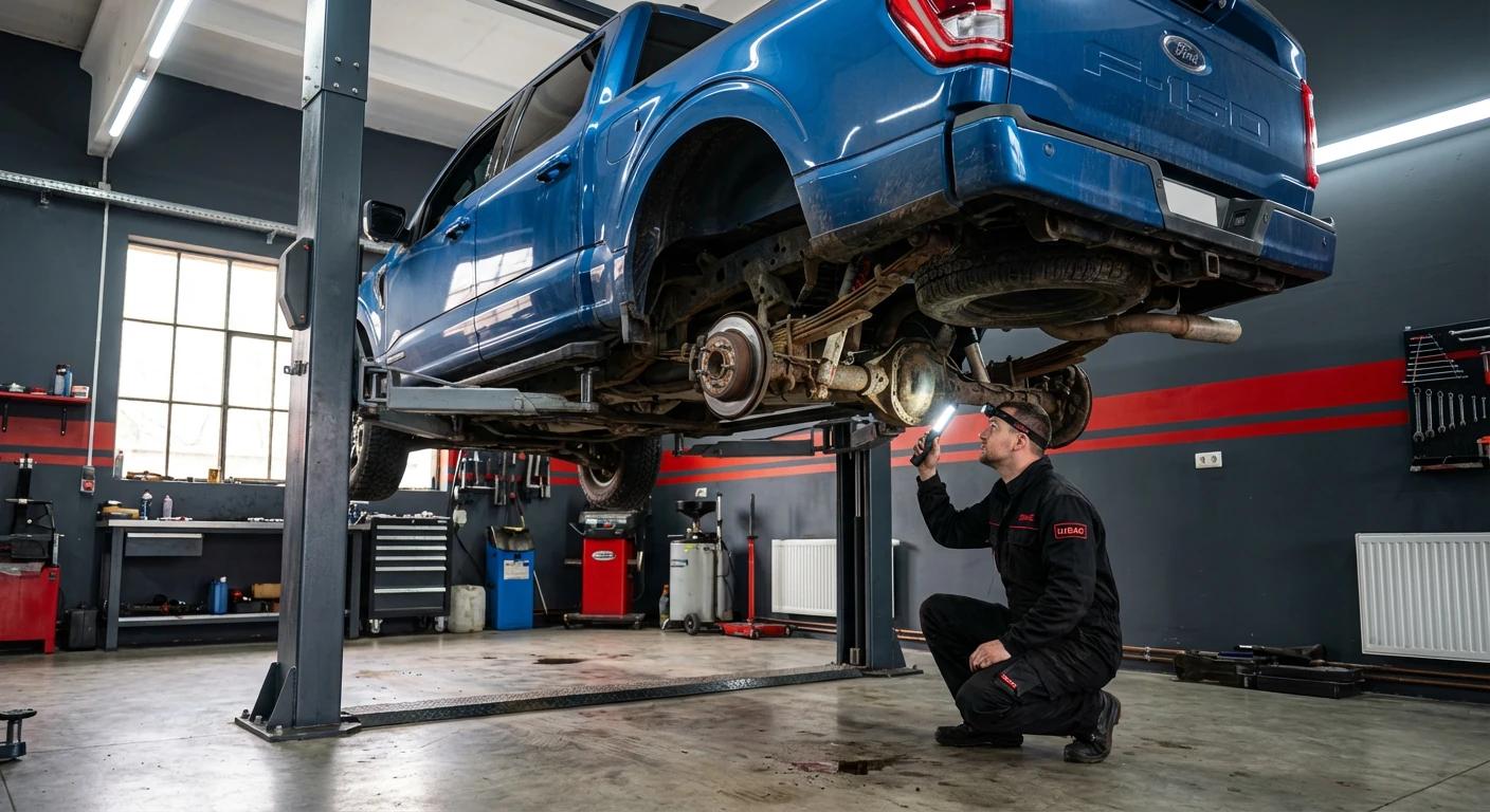 Mechanik IUSAC weryfikujący stan podwozia i ramy Forda F-150 z 2023 roku w profesjonalnym serwisie samochodowym.