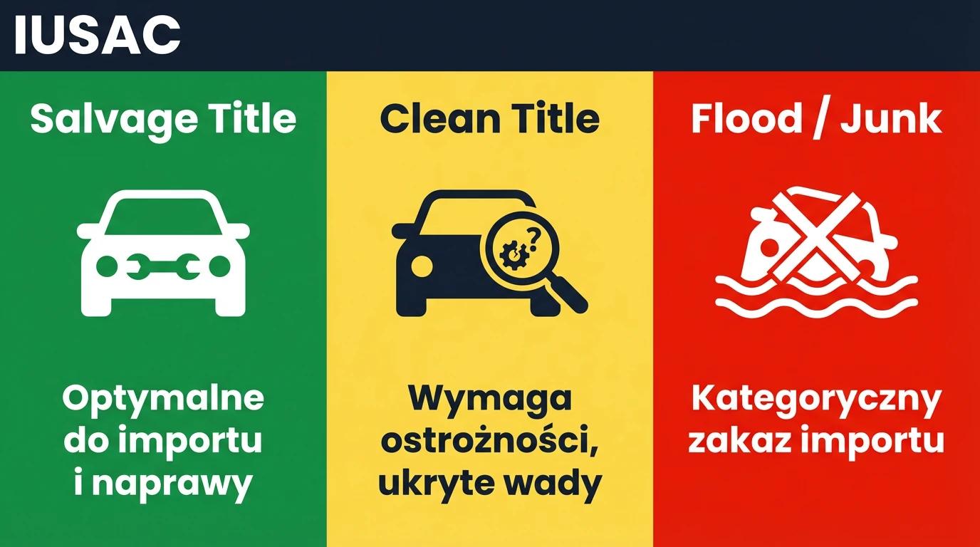 Infografika IUSAC wyjaśniająca rodzaje dokumentów Title w USA: Salvage, Clean, Flood oraz poziom ryzyka importu.