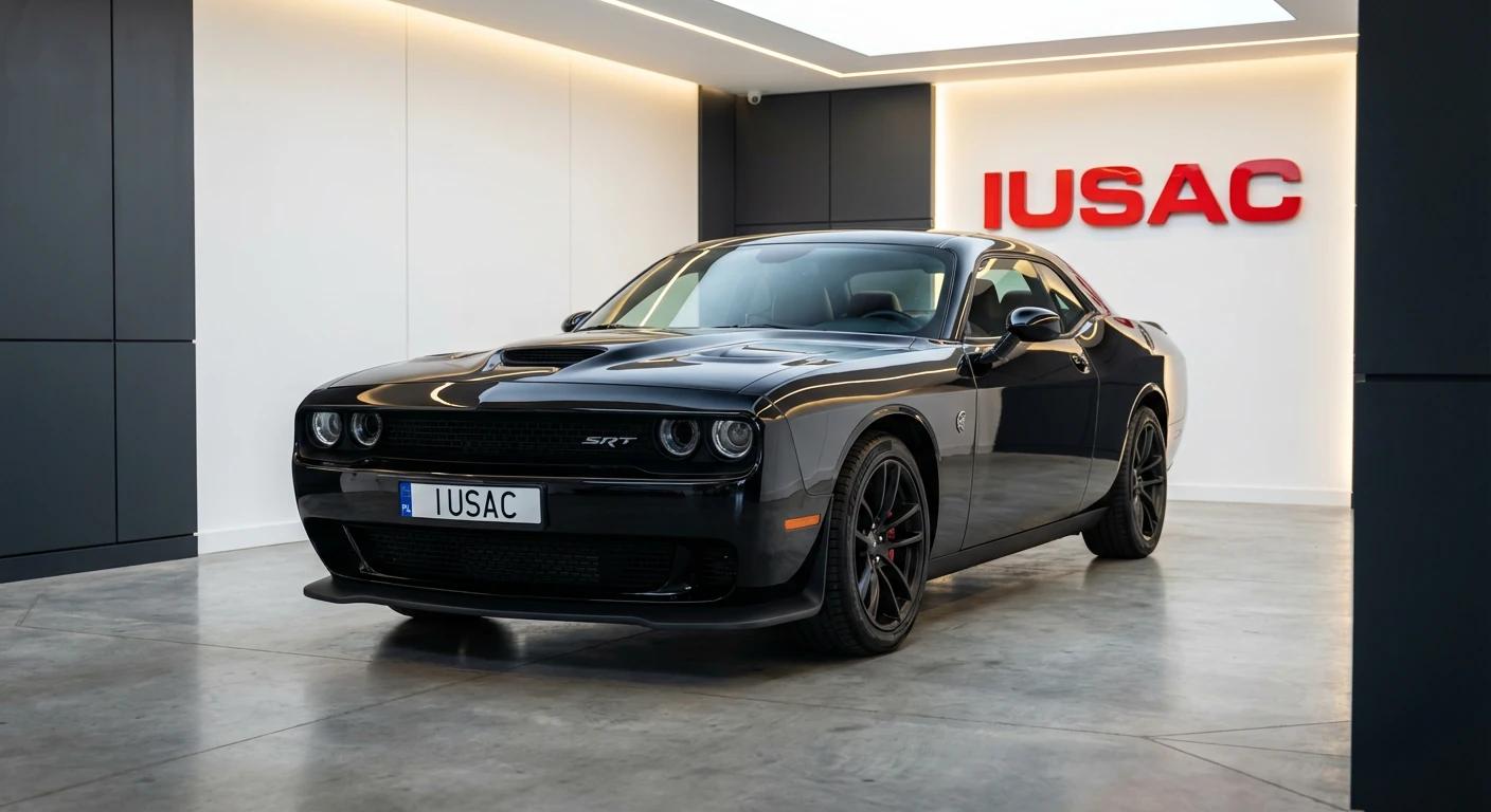 Gotowy do odbioru czarny Dodge Challenger SRT 2025 z polską tablicą rejestracyjną IUSAC w strefie wydań.