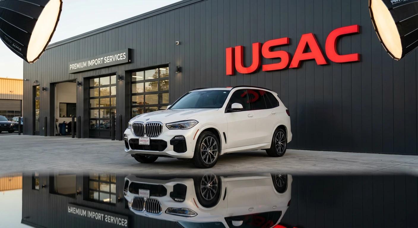 Białe BMW X5 G05 sprowadzone z USA przed nowoczesnym salonem IUSAC na Śląsku
