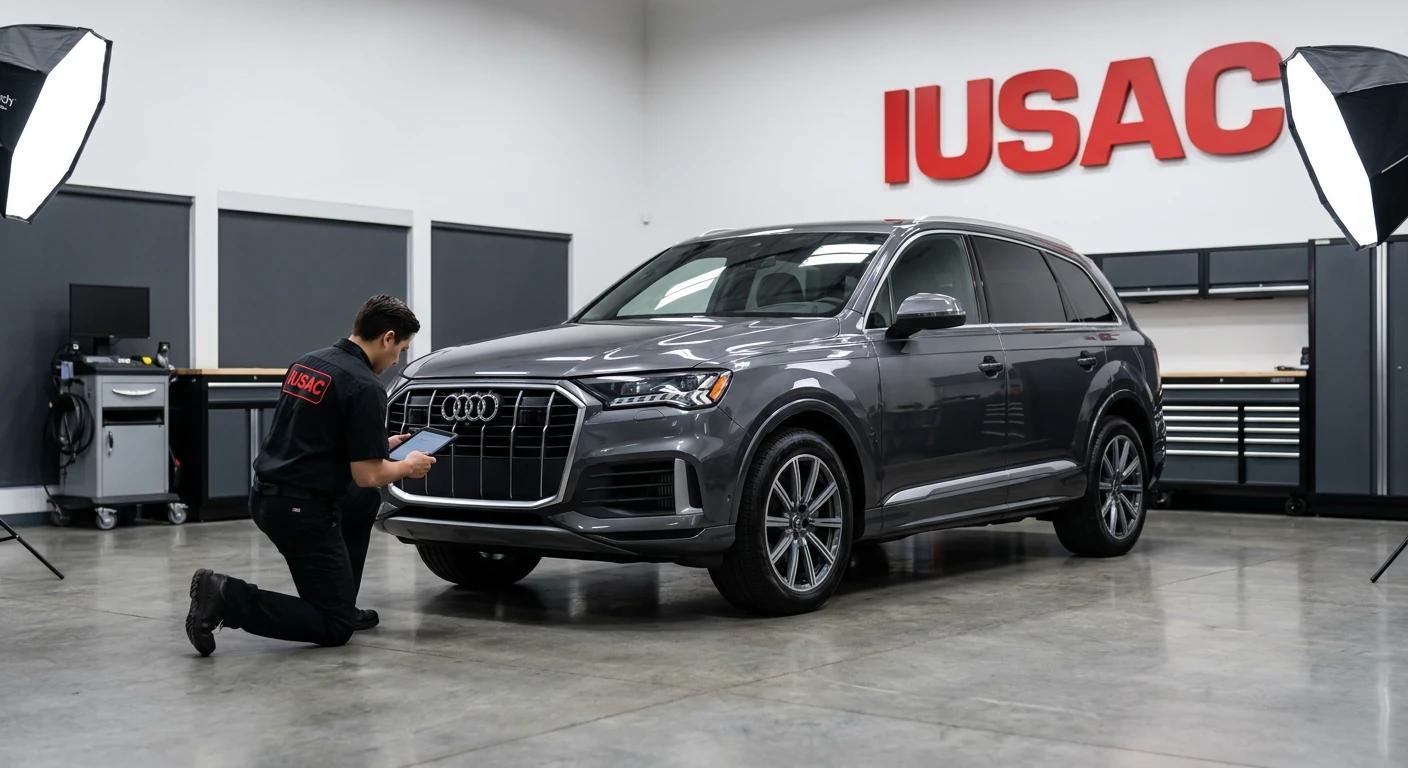 Mechanik IUSAC diagnozujący Audi Q7 z USA w profesjonalnym warsztacie blacharskim