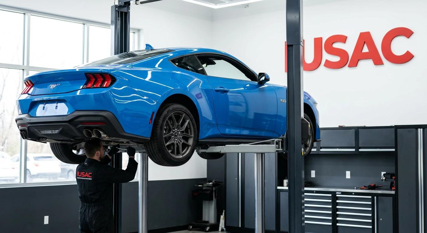 Niebieski Ford Mustang S650 na podnośniku podczas naprawy powypadkowej w serwisie IUSAC