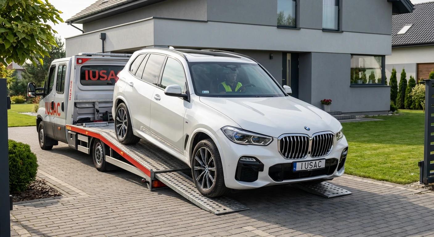 Białe BMW X5 G05 2024 rozładowywane z lawety IUSAC przed domem klienta, samochody ze Stanów dostawa pod dom