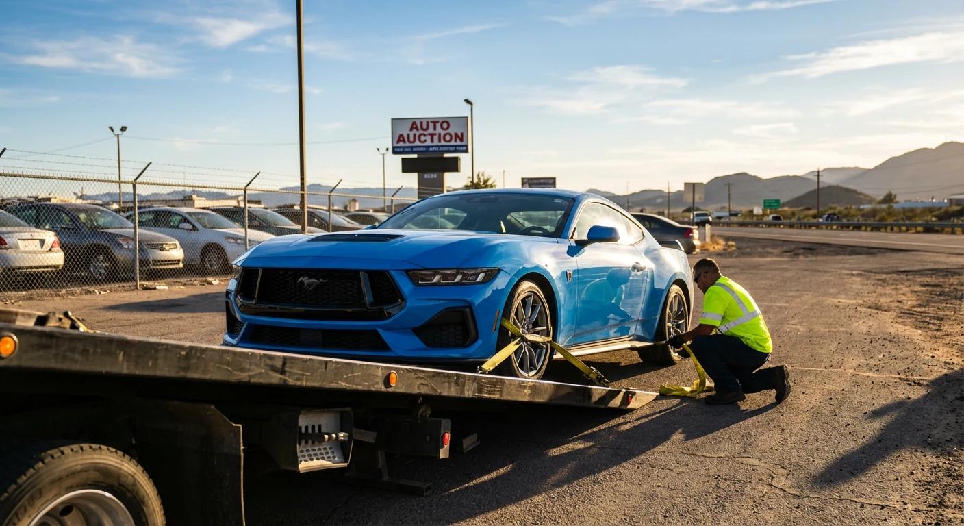 Załadunek Forda Mustanga 2024 na amerykańską lawetę podczas pierwszego etapu śledzenia transportu auta z USA.