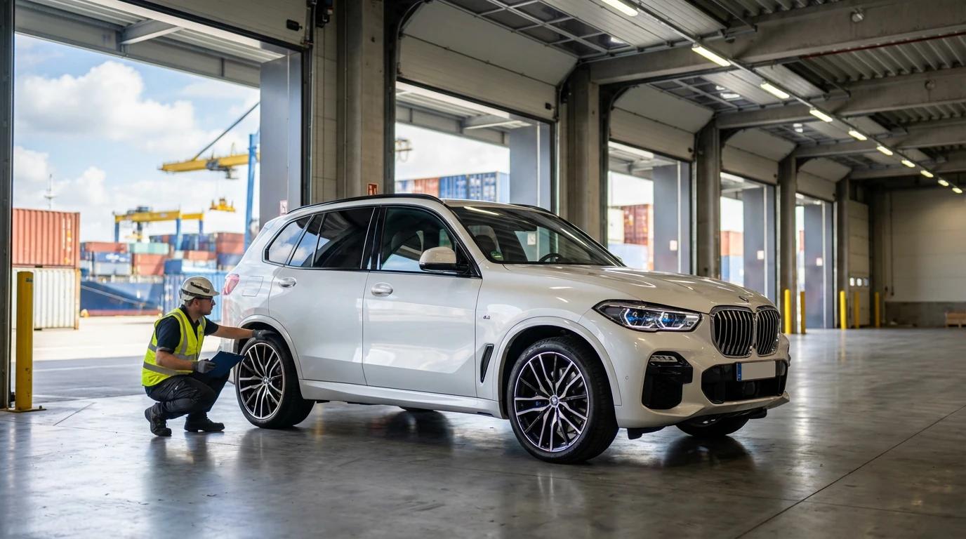 Rozładunek BMW X5 G05 w europejskim porcie po bezpiecznym transporcie z Ameryki.