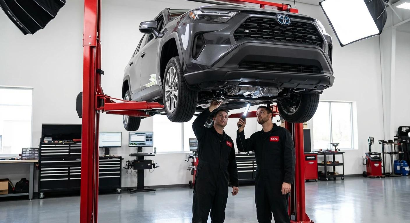 Mechanicy IUSAC serwisujący hybrydową Toyotę RAV4 2025, potwierdzający kompetencje w naprawie aut hybrydowych z USA.