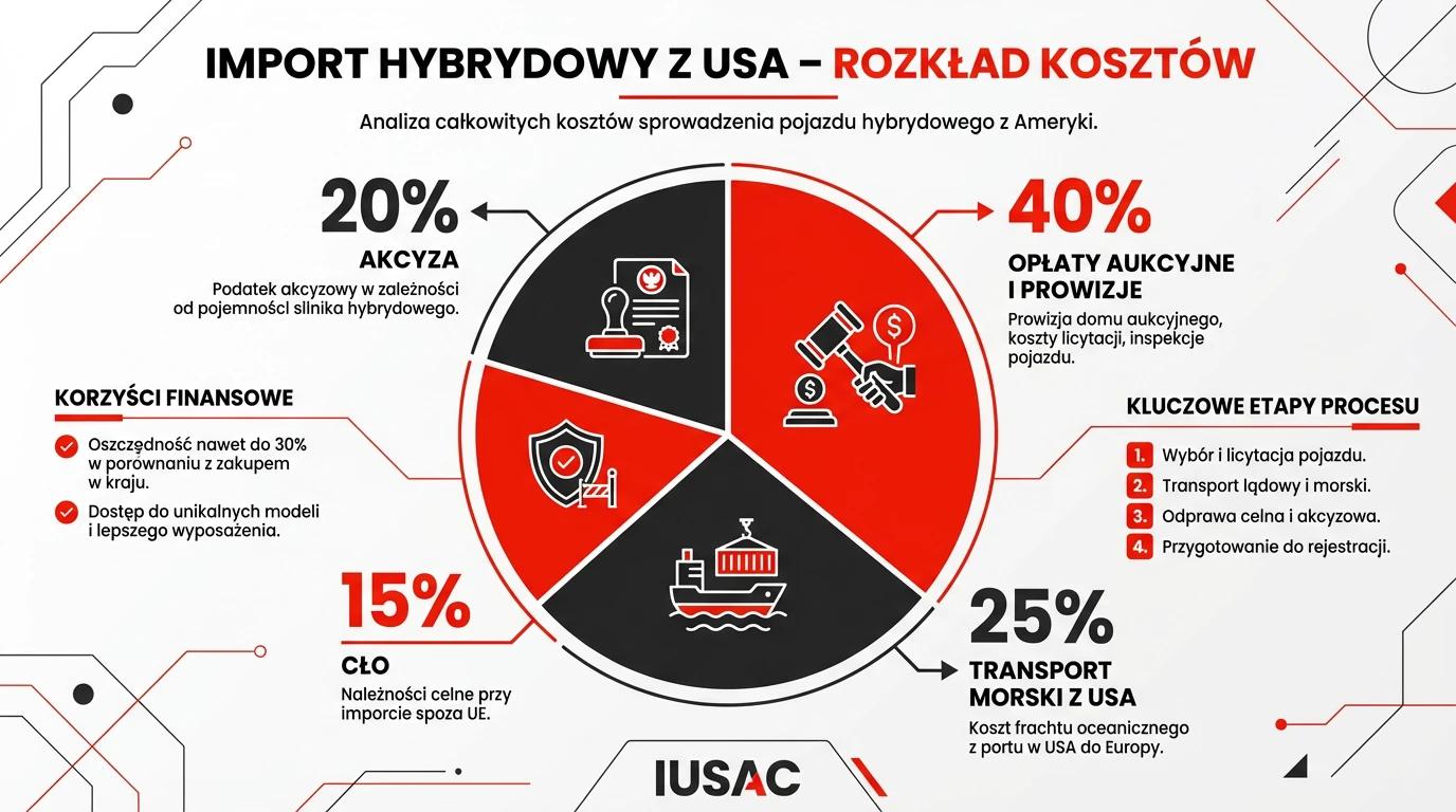 Wykres kosztów importu hybrydy z USA, pokazujący oszczędności przy sprowadzaniu aut takich jak Toyota Sienna 2026.