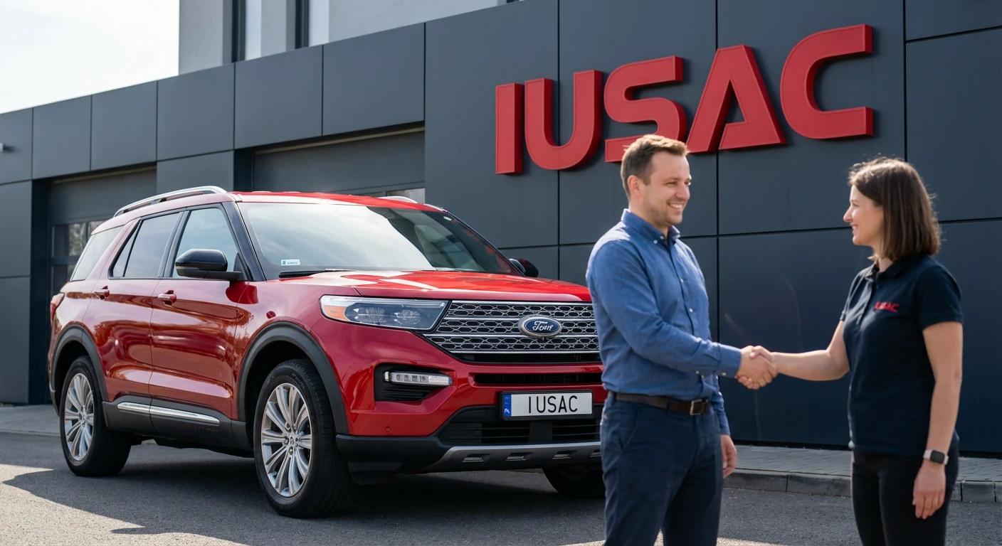 Zadowolony klient odbierający Forda Explorera 2023 z USA przed siedzibą IUSAC, bezpieczny import aut z Ameryki.