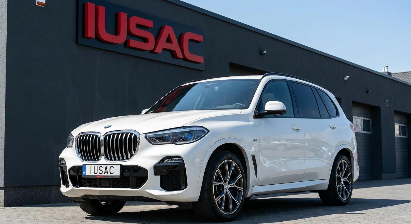 Białe BMW X5 G05 z USA zaparkowane przed serwisem IUSAC, gotowe do ubezpieczenia OC i AC.