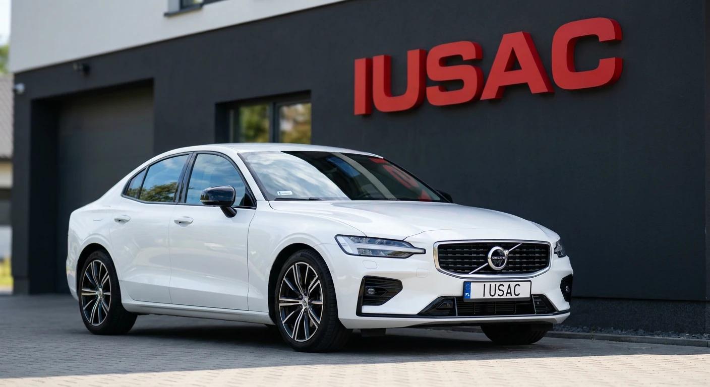 Białe Volvo S60 z USA zaparkowane przed nowoczesną siedzibą firmy IUSAC w słoneczny dzień
