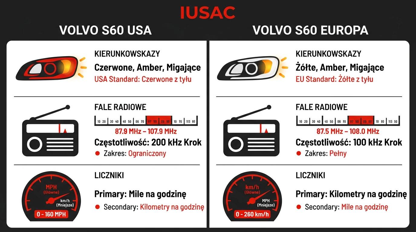 Infografika IUSAC przedstawiająca główne różnice między Volvo USA a Europa w modelu S60