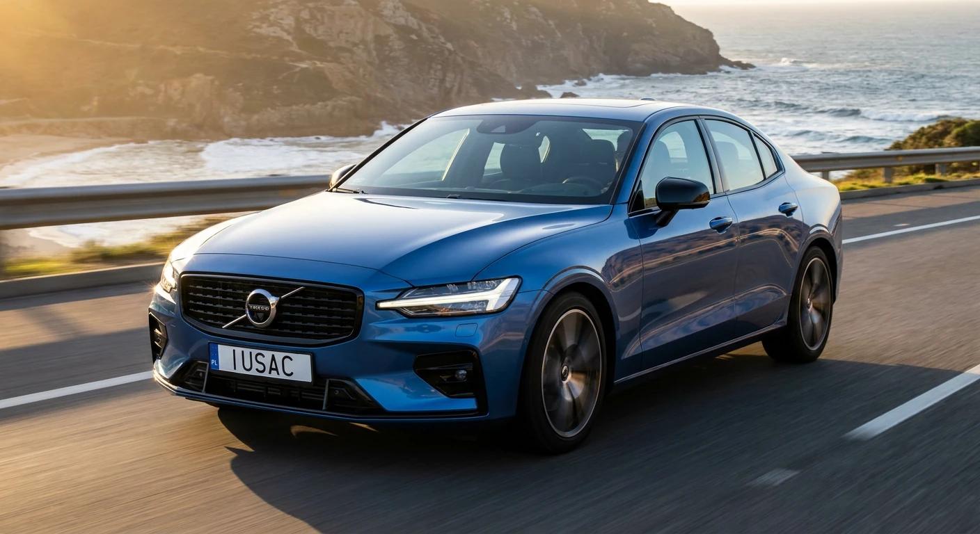 Niebieskie Volvo S60 z USA w wersji B5 AWD jadące malowniczą drogą podczas zachodu słońca