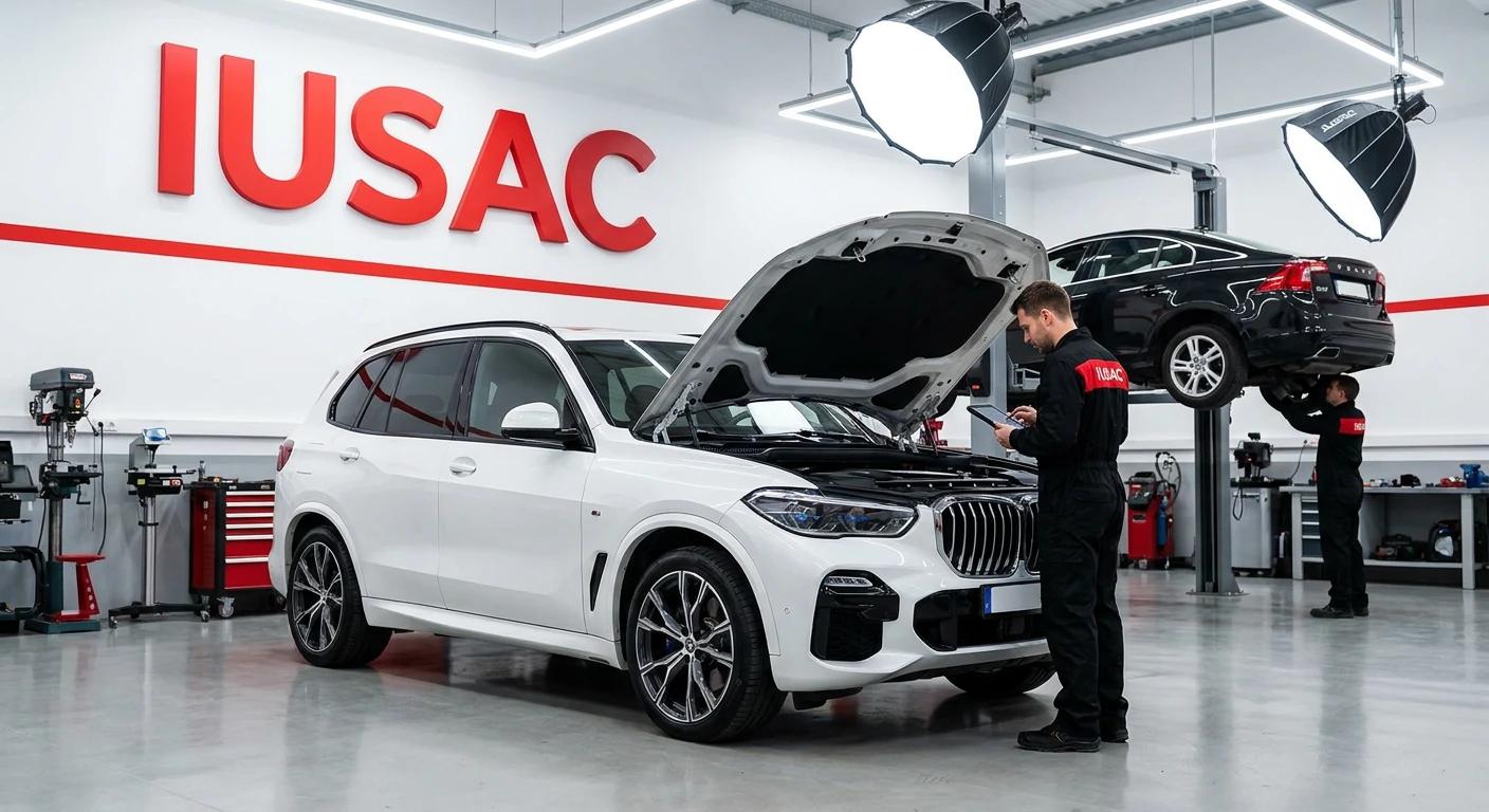 Technicy w nowoczesnym serwisie IUSAC naprawiający luksusowe auta sprowadzone z Ameryki