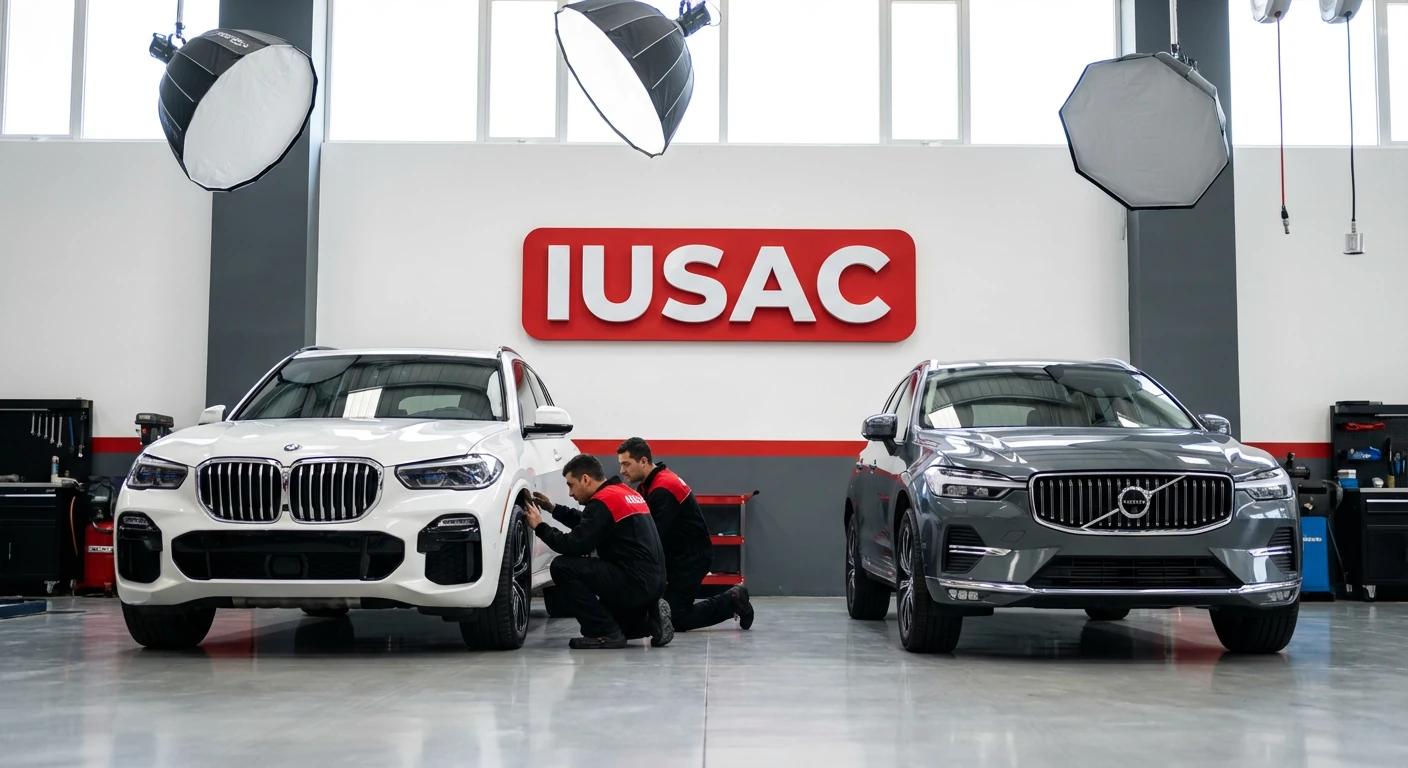 Technicy IUSAC w warsztacie sprawdzający sprowadzone Volvo XC60 z USA oraz BMW X5