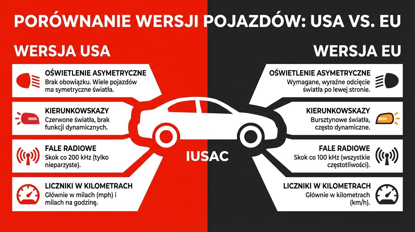 Infografika IUSAC przedstawiająca różnice volvo z ameryki a wersją europejską