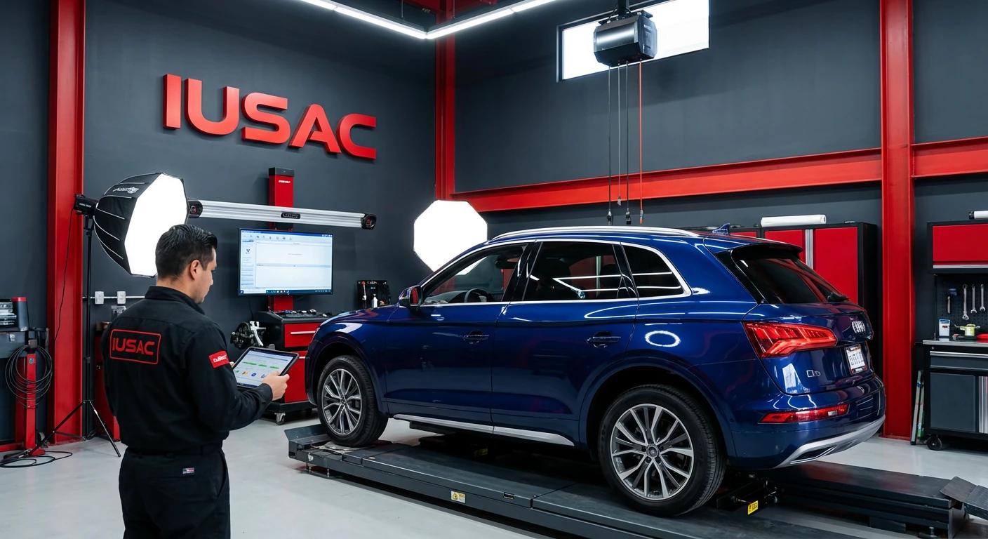 Mechanik IUSAC dokonujący pomiarów i diagnostyki podczas konwersji aut z USA