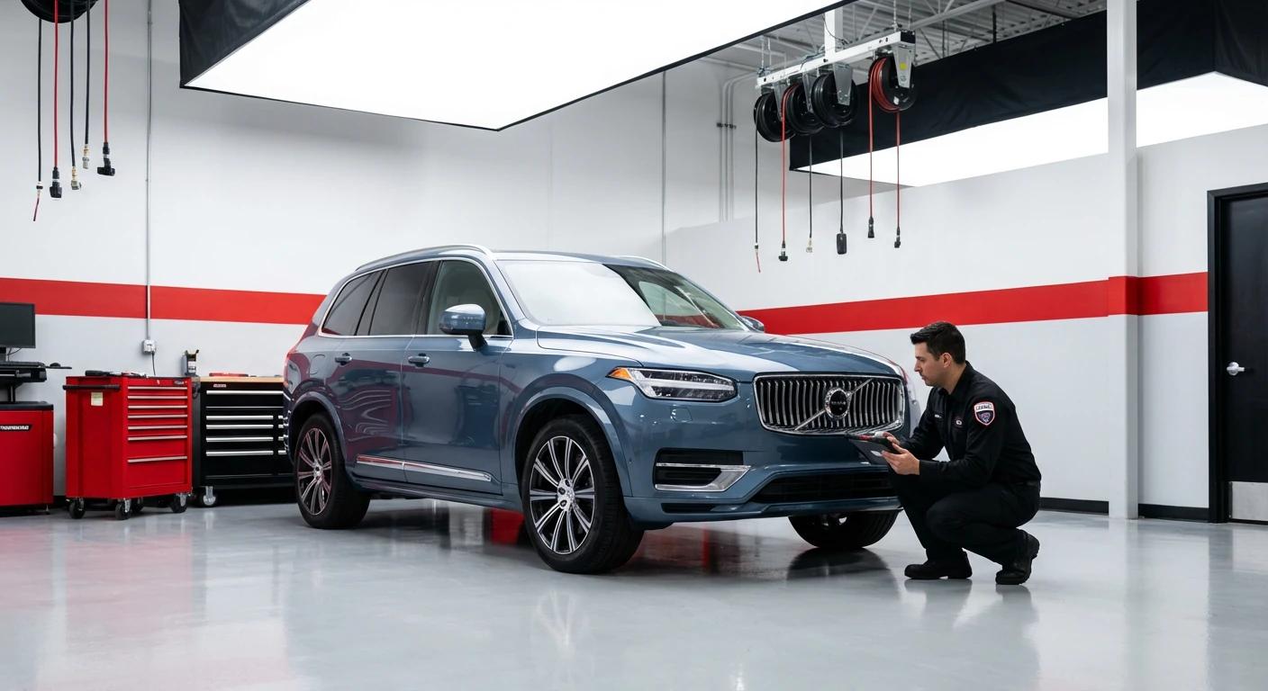 Mechanik IUSAC diagnozujący hybrydowe Volvo XC90 Recharge z USA w profesjonalnym warsztacie blacharsko-lakierniczym.