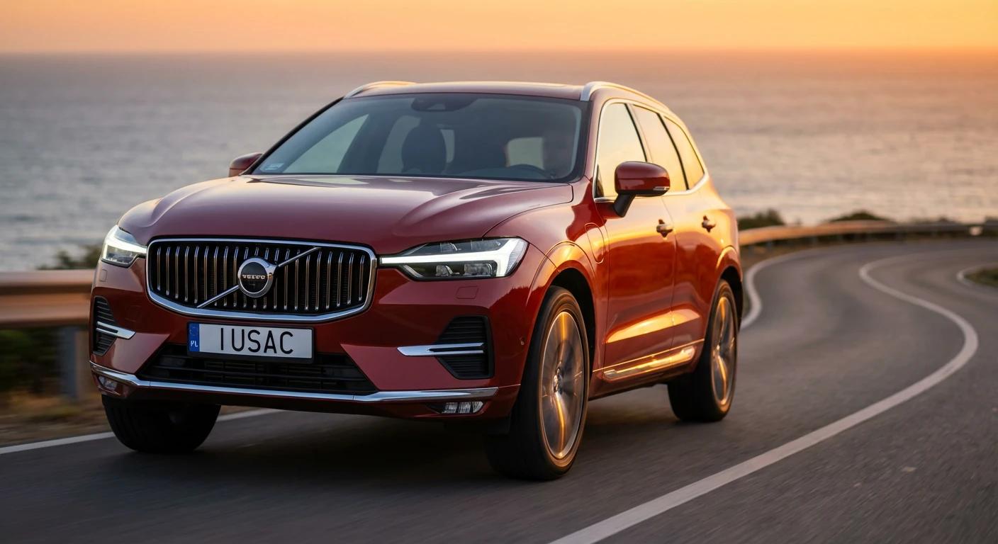 Czerwone Volvo XC60 z USA w ruchu na malowniczej trasie, z polskimi tablicami rejestracyjnymi IUSAC.