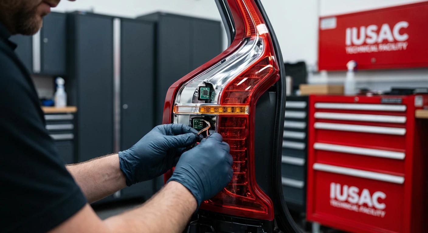 Technik IUSAC przeprowadzający modyfikację i homologację tylnych lamp LED w Volvo XC90 sprowadzonym z Ameryki.