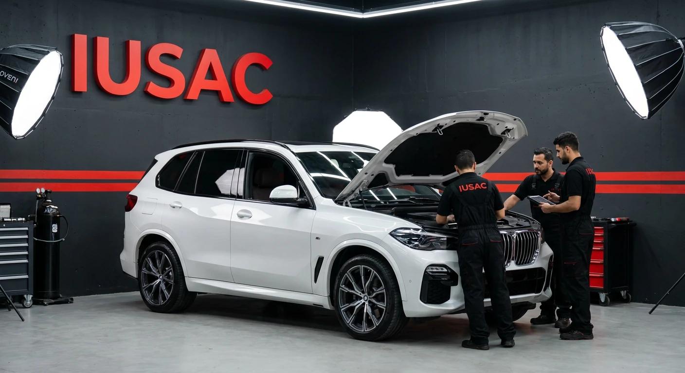 Zespół ekspertów IUSAC omawiający plan naprawy BMW X5 2024 w nowoczesnym warsztacie - opinie i profesjonalizm